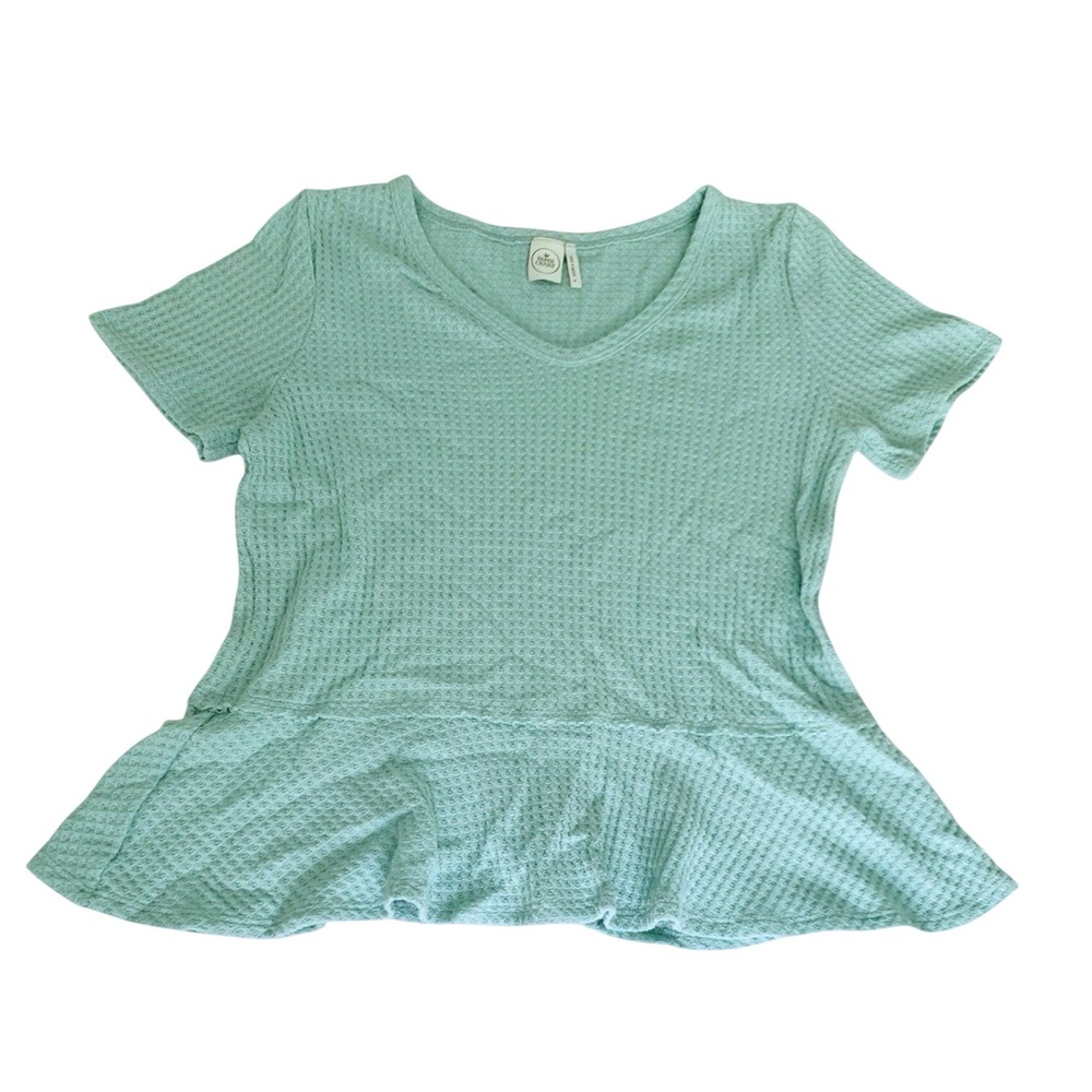 Paper Crane Peplum Top Women M Pastel Blue Waffle Knit V-Neck Short Sleeve Top